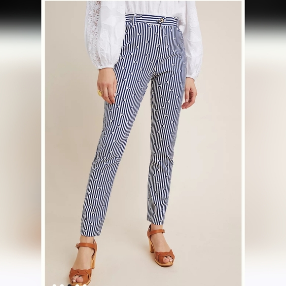 ANTHROPOLOGIE THE ESSENTIAL SLIM TROUSERS PANTS BLUE WHITE SZ 6 - Picture 2 of 11